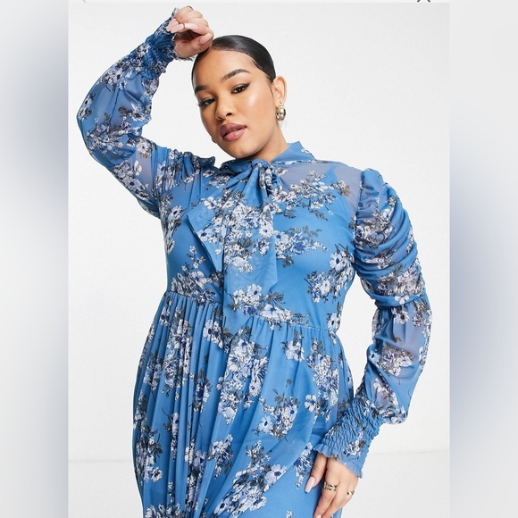 Tie Neck Blue Flora Maxi Dress - Picture 1 of 3